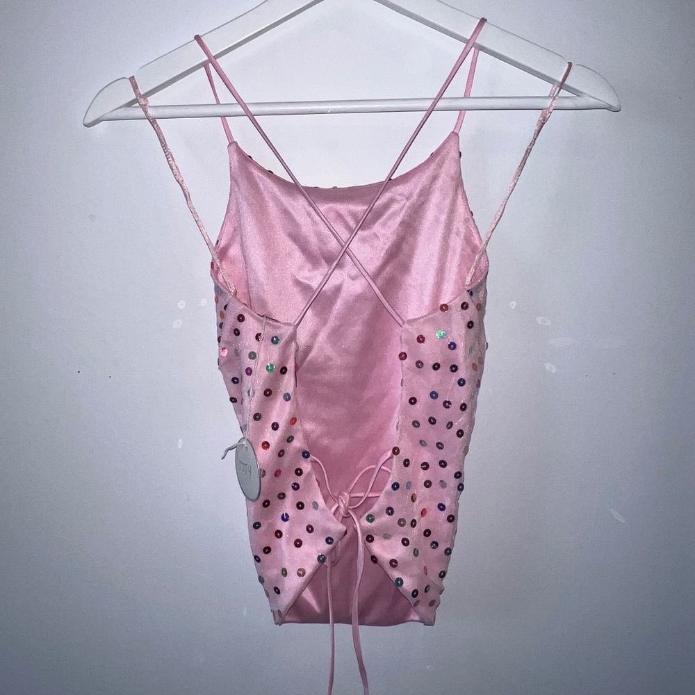 Sequined Pink Chiffon Y2K Halter Top